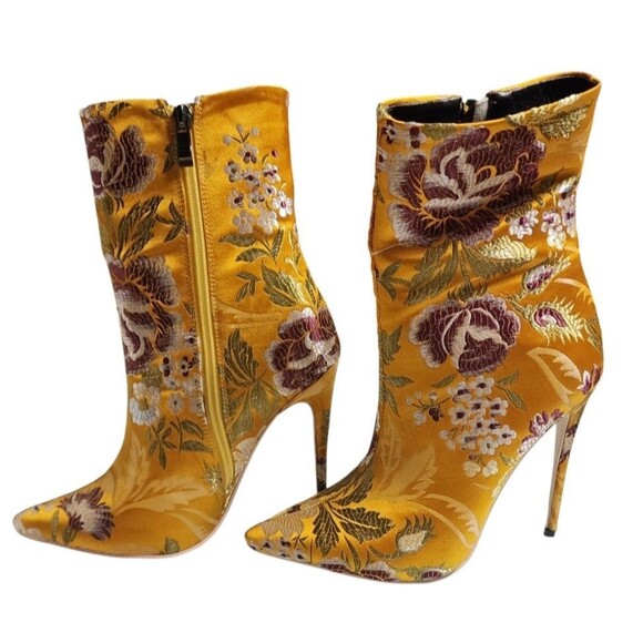 Satin Brocade Stiletto Ankle Boots Yellow Embroidered Size 6.5 EU Asian 235 - Picture 2 of 11